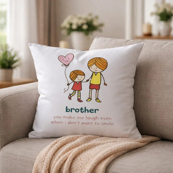 Cute brother-themed cushion with cartoon siblings, heart balloon, and a loving quote on a sofa.