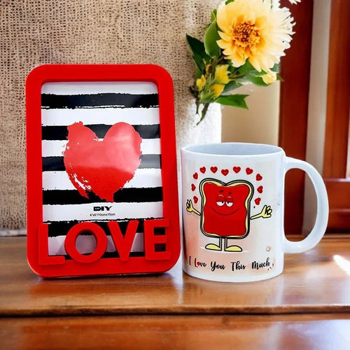 Decorative frame with red heart and 'DIY' text, white mug with red character and 'I Love You This Much' text, yellow flowers in the background.
