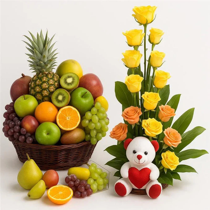 25 Mixed Roses Arrangement with Teddy & 3kg Fresh Fruit Basket - Flower Delivery in GiftsGhaziabad