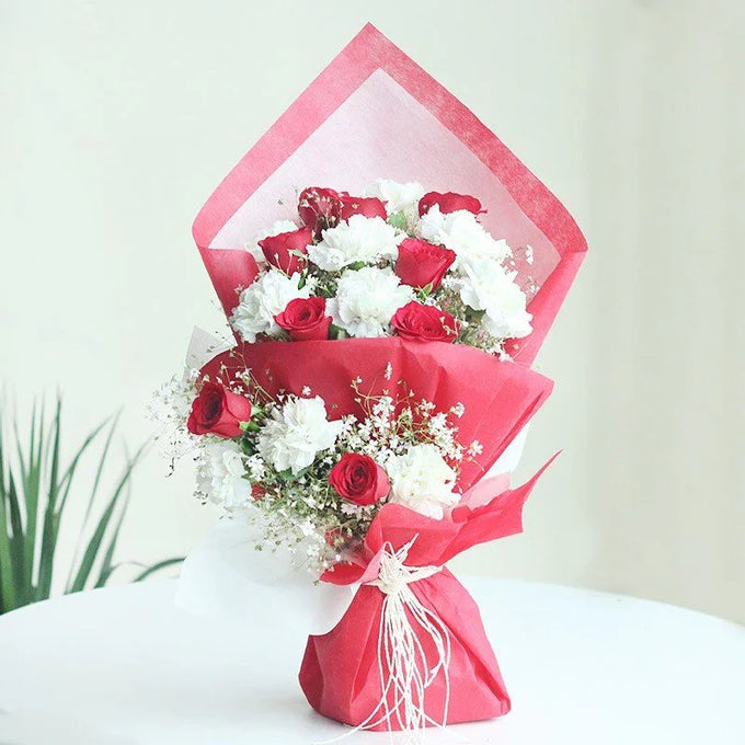 Red Rose & White Carnation Bouquet with 20 Flowers - Flower Delivery in GiftsGhaziabad