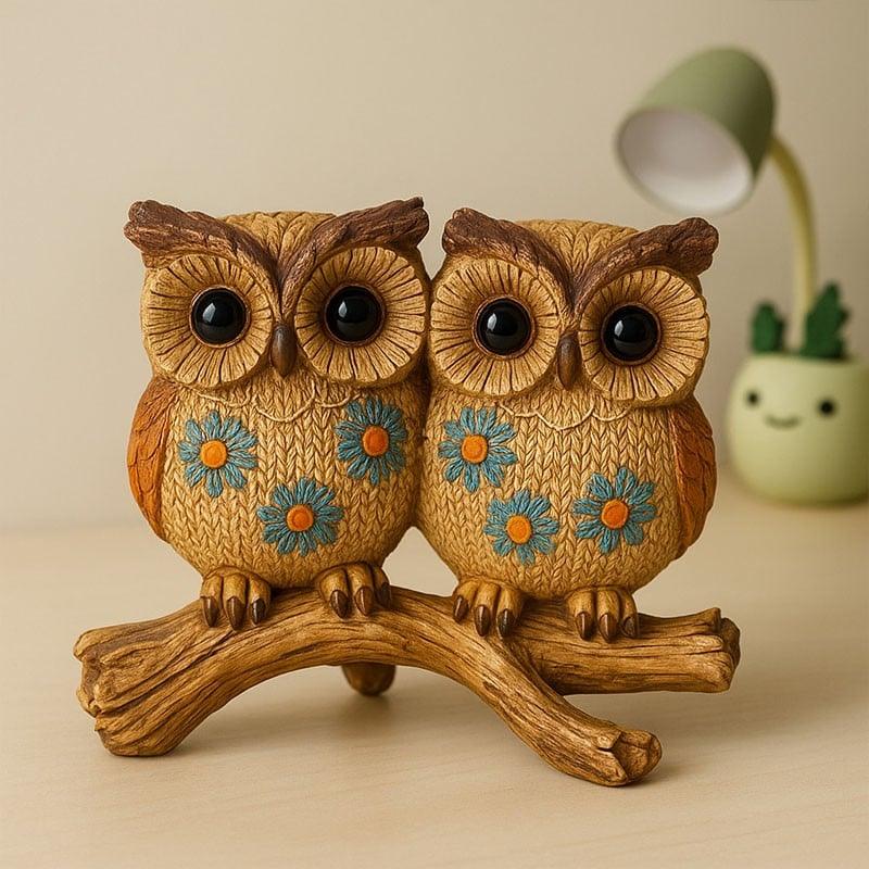 Two owl figurines with floral patterns on a branch against a neutral background