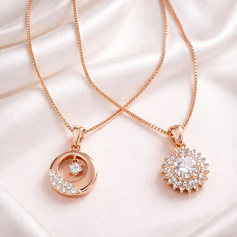 Two Rose Gold Set Contemporary Cubic Zirconia Pendants For Women and Girls