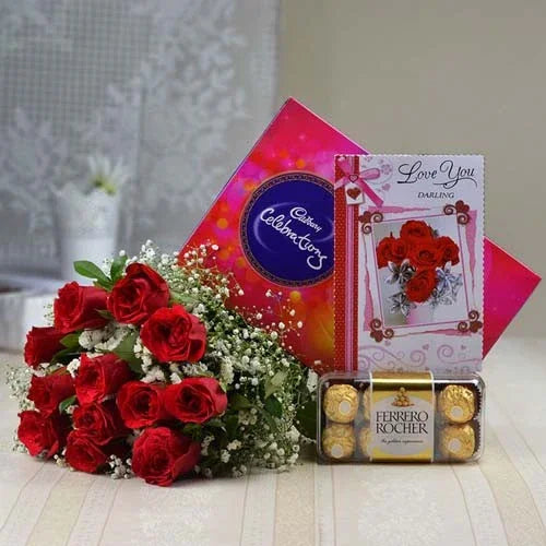 12 Red Roses with Cadbury Celebrations & Ferrero Rocher Gift Combo - Flower Delivery in GiftsGhaziabad