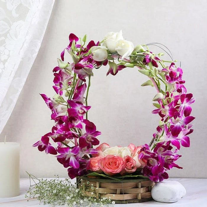 Purple Orchid and Pink Rose Handle Flower Basket