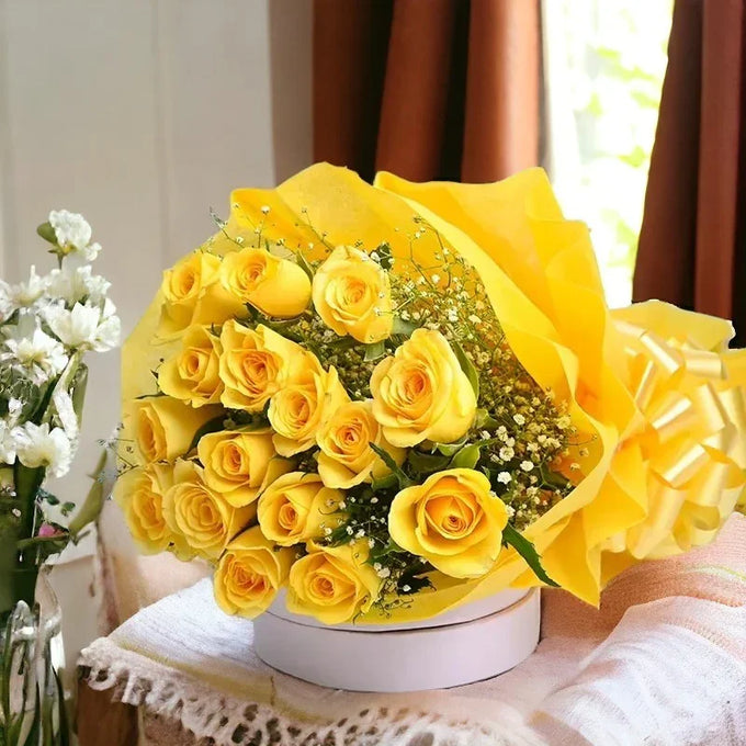 Yellow Roses Bouquet with 16 Fresh Blooms in Yellow Wrapping - Flower Delivery in GiftsGhaziabad