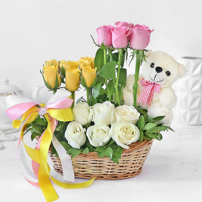 Mixed Flower Basket with Teddy Bear - Flower Delivery in GiftsGhaziabad