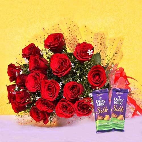 20 Red Roses Bouquet with Dairy Milk Silk Chocolates - Flower Delivery in GiftsGhaziabad