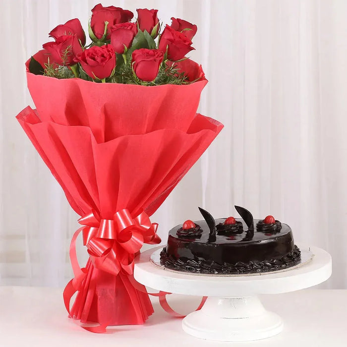 10 Red Roses Bouquet with Half Kg Chocolate Cake