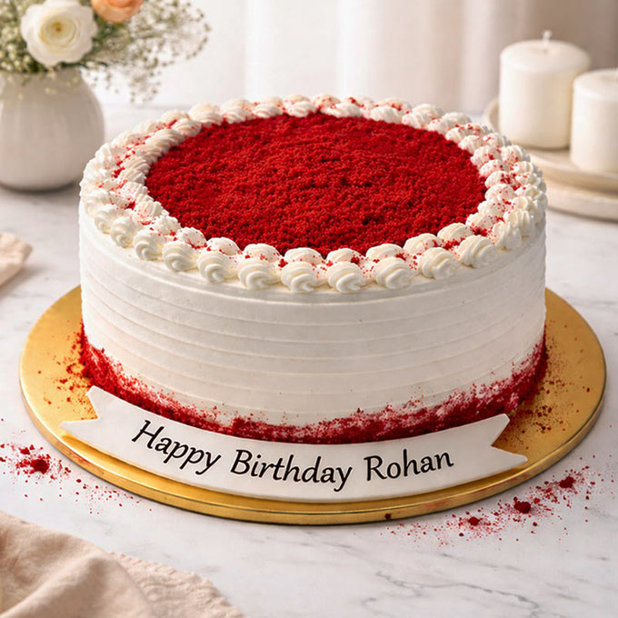 Half Kg Red Velvet Cream Cake with Birthday Message Plaque - Cake Delivery in GiftsGhaziabad
