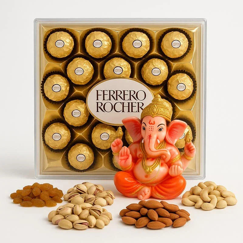 Ferrero Rocher chocolate box with a decorative statue of Ganesha and various nuts on a white background