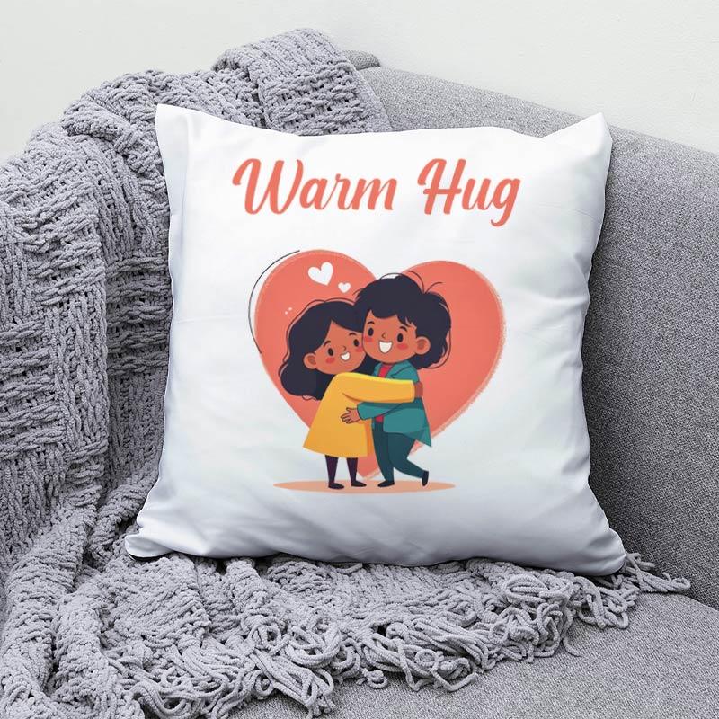 Pillow with cartoon characters hugging and 'Warm Hug' text on a gray couch.