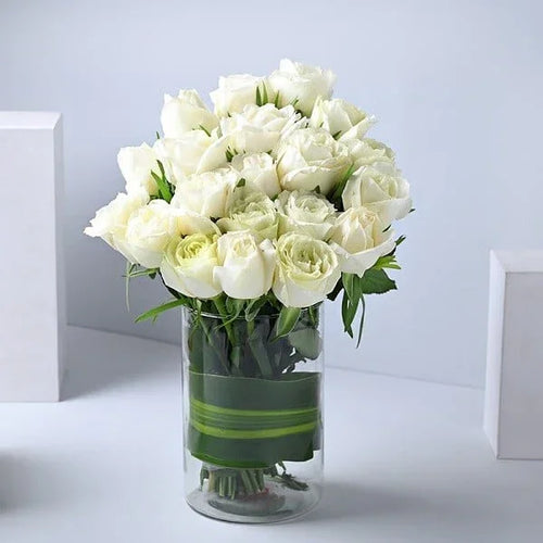 Bouquet of white roses in a clear vase with green ribbon on a light gray background