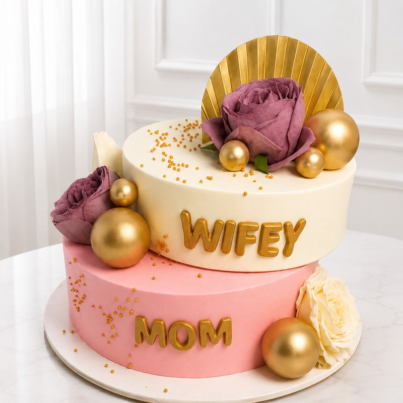 Wifey Mom two tier floral designer cake