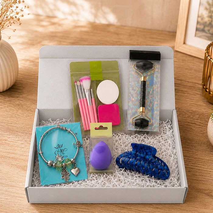 Women's Self-Care Beauty Gift Hamper with Jade Roller, Makeup Brush Set, Bracelet & Beauty Essentials