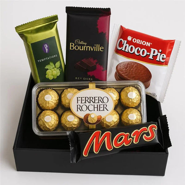 Luxury chocolate and candy hamper with Ferrero Rocher, Bournville, Mars, Temptations, and Choco Pie in a black gift box