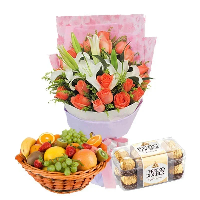 Bouquet of flowers, fruit basket, and Ferrero Rocher chocolate set on a white background