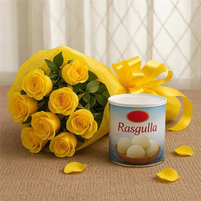 Yellow Rose Bouquet 8 Stems with Rasgulla Tin 1kg - Flower Delivery in Kalyani