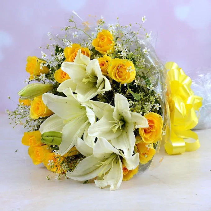 Yellow Rose & White Lily - Flower Delivery in Kalyani