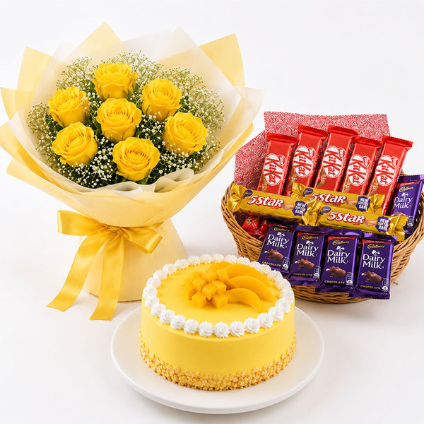 Mango Cake with Yellow Roses and Assorted Chocolates