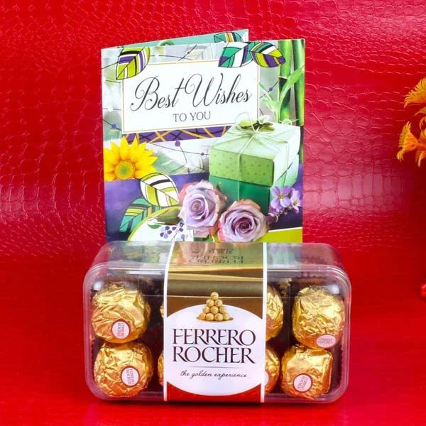 Box of Ferrero Rocher chocolates with a 'Best Wishes' card on a red background