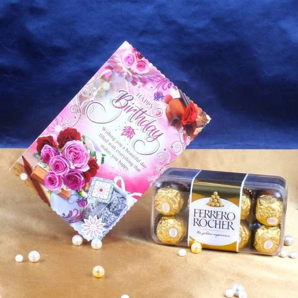 Birthday card with floral design and Ferrero Rocher chocolates on a blue background