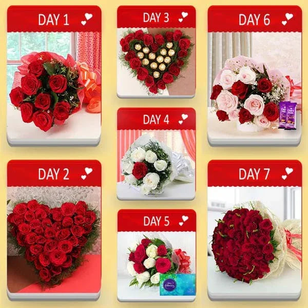 Romantic rose bouquet arrangements and chocolate gift combos for seven days of gifting.