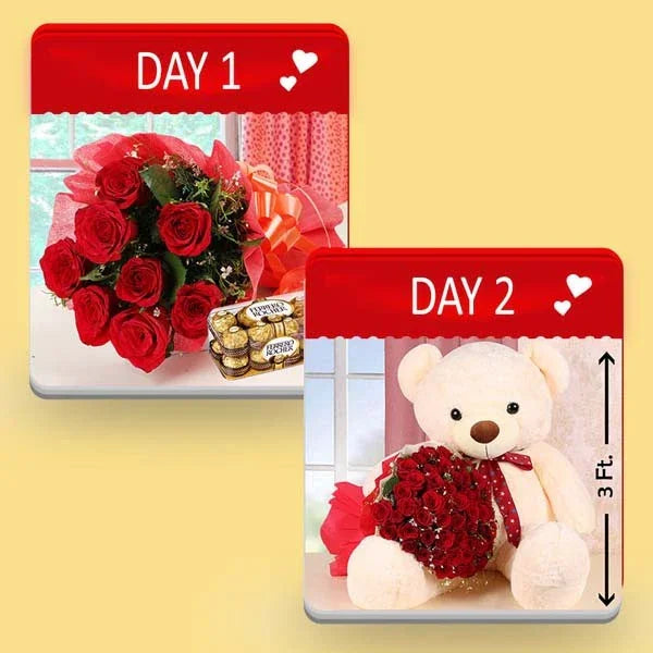 Day 1 red rose bouquet with chocolates, Day 2 large teddy bear holding roses gift combo