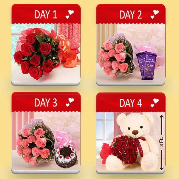Four-day gift set with rose bouquets, chocolate, cake, and a large teddy bear