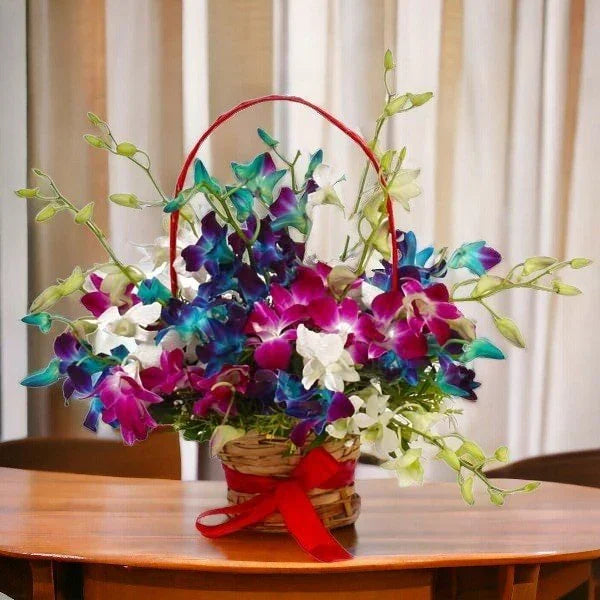 Orchid Flower Basket with 15 White, Purple & Blue Stems - Flower Delivery in Kalyani