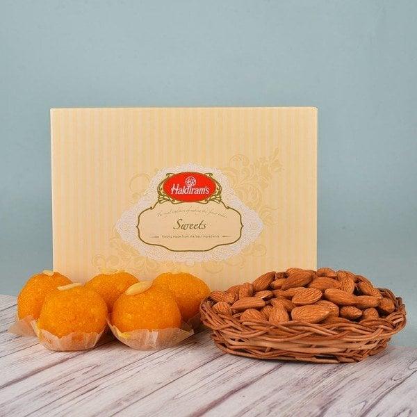 Motichoor Laddoo with Almond Basket Gift Pack