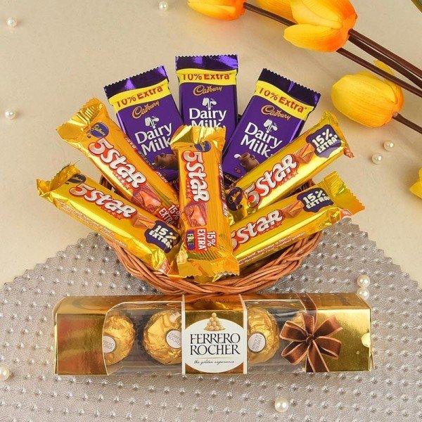 Chocolate Basket with Ferrero Rocher, Five Star & Dairy Milk