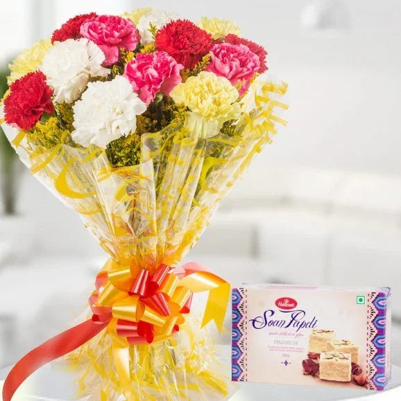Mixed Carnation Bouquet with 250gm Soan Papdi Gift Combo