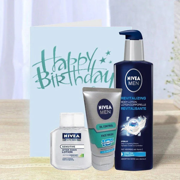 Nivea Men grooming kit with face wash, after shave, body lotion and Happy Birthday card