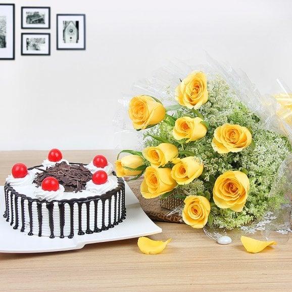 Half Kg Black Forest Cake with 10 Yellow Roses Bouquet