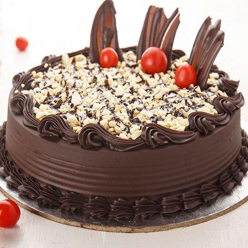 Chocolate cake with cherry tomatoes on a white background