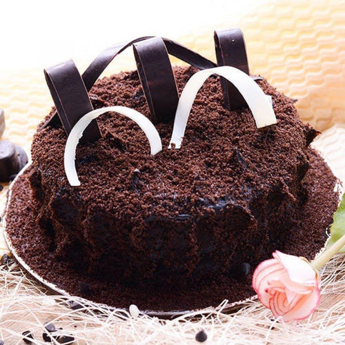 Chocolate cake with decorative elements on a textured surface