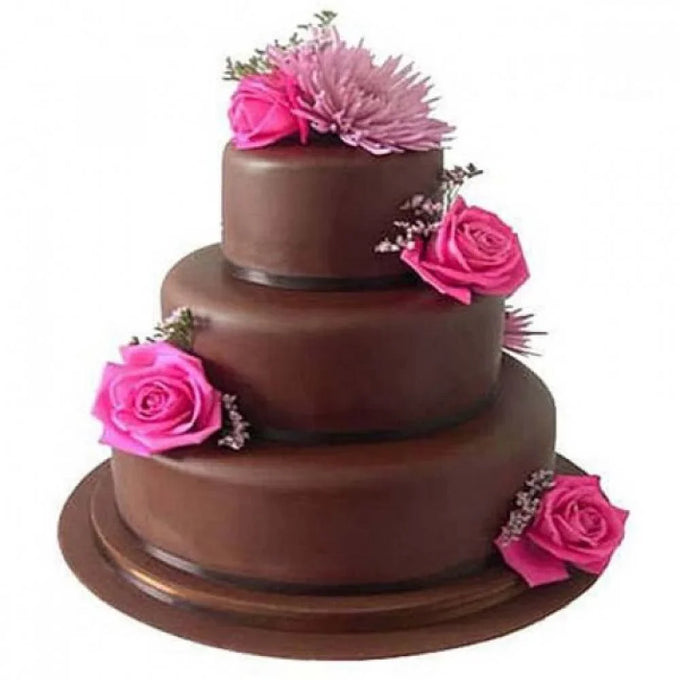 3 Tier Fondant Truffle Cake with Pink Rose Decoration - Cake Delivery in Kalyani