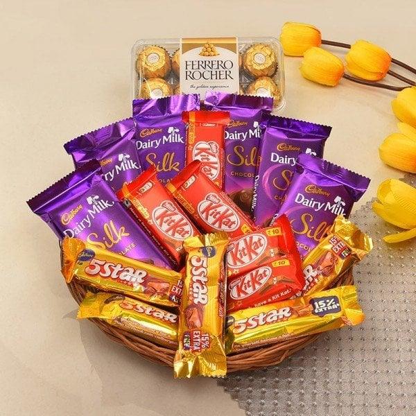 Chocolate Gift Basket with 6 Cadbury Silk, 5 KitKat & Ferrero Rocher