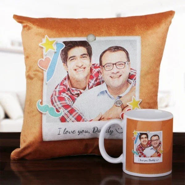 Personalized pillow and mug with a photo of two men and 'I love you, Daddy' text.
