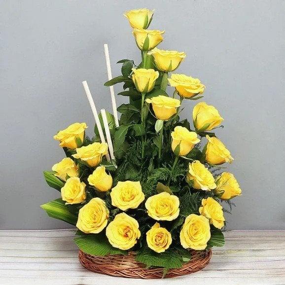 25 Yellow Roses Basket Arrangement - Flower Delivery in Kalyani