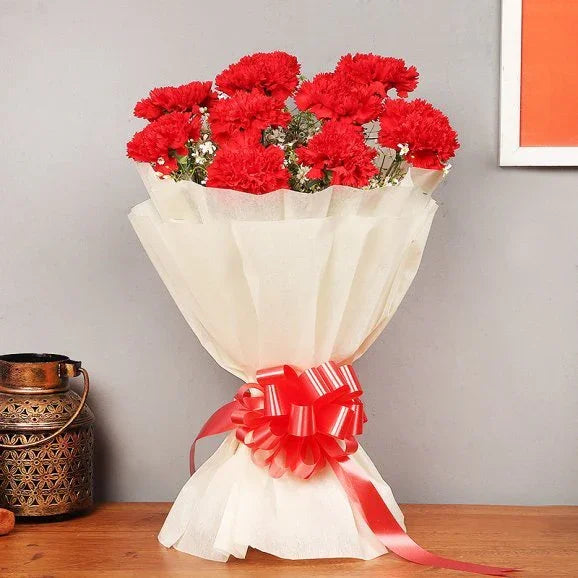 10 Red Carnation Flower Bouquet in White Wrapping - Flower Delivery in GiftsGhaziabad