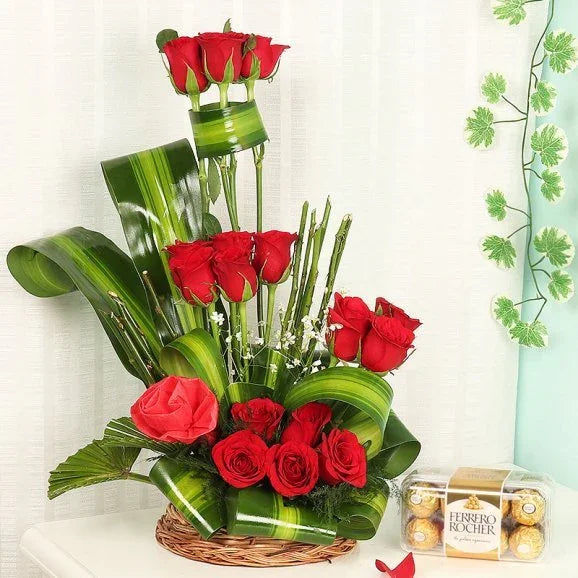 18 Red Roses Basket Arrangement with 16 Ferrero Rocher Chocolates - Flower Delivery in GiftsGhaziabad