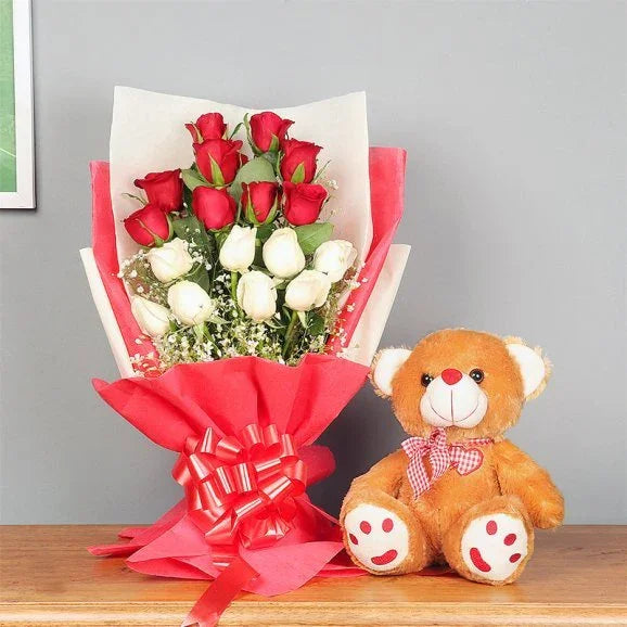 18 Mixed Roses Bouquet with 12 Inch Brown Teddy - Flower Delivery in GiftsGhaziabad