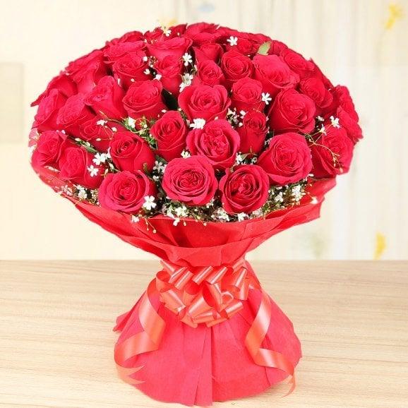 50 Fresh Red Roses Hand Tied Bouquet - Flower Delivery in GiftsGhaziabad