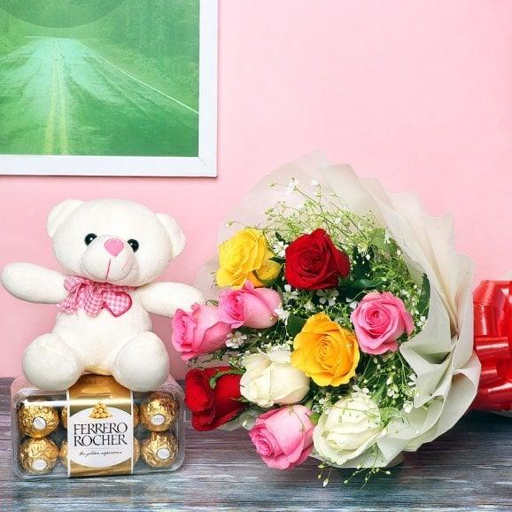 12 Mixed Roses Bouquet with 6 Inch Teddy & 16 Ferrero Rocher Box