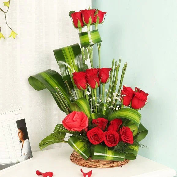 18 Red Roses Basket Floral Arrangement - Flower Delivery in GiftsGhaziabad