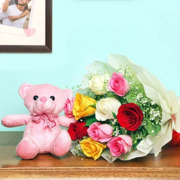 12 Mixed Roses & 6 Inch Teddy Bear Flower Gift - Flower Delivery in GiftsGhaziabad