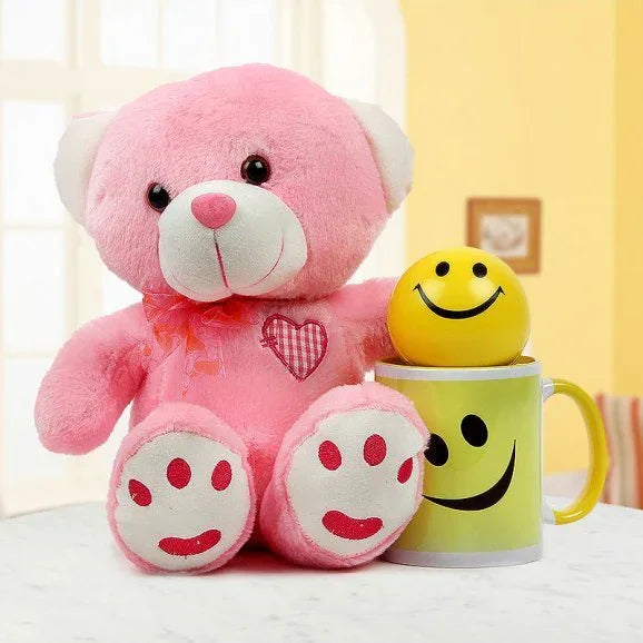 Pink Teddy with Printed Ceramic Mug & Smiley Ball Gift Set