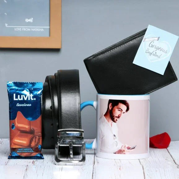 Personalised Mug with Wallet, Belt & Luvit Chocolate Gift Set