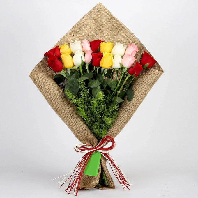 18 Roses Mixed Colour Bouquet Wrapped in Jute - Flower Delivery in GiftsGhaziabad